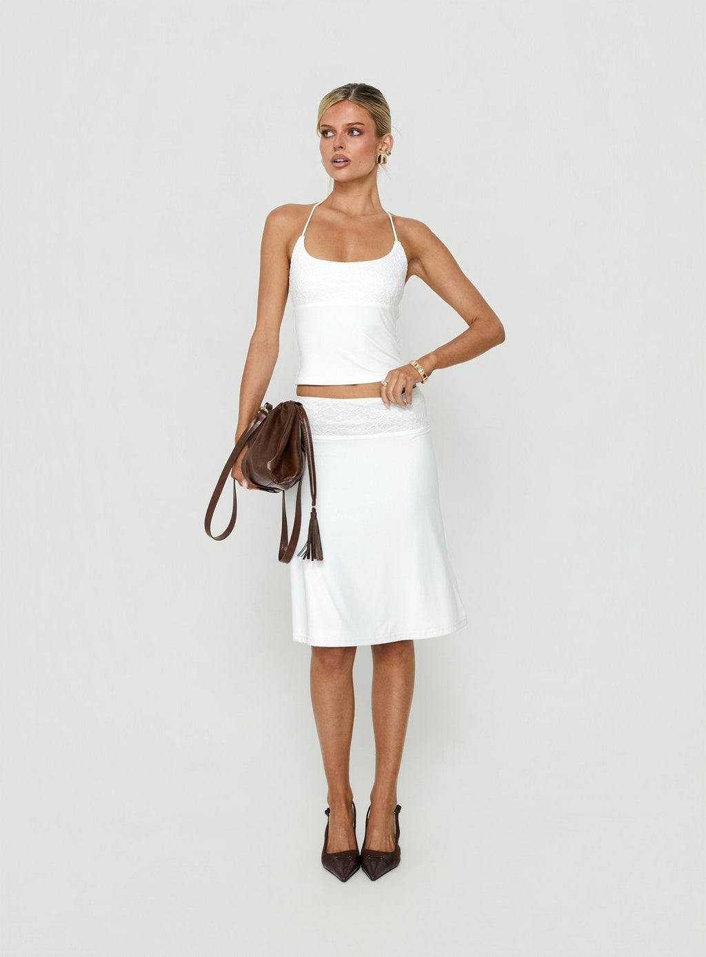 Falda midi con detalles de encaje, color blanco
