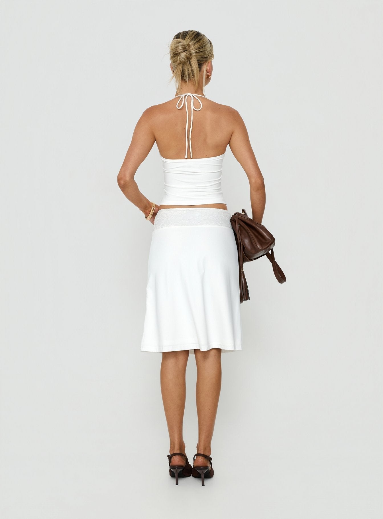 Falda midi con detalles de encaje, color blanco