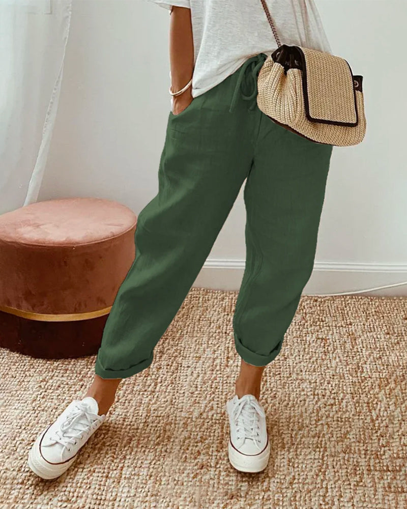 Pantalones fluidos de mezcla de algodón y lino