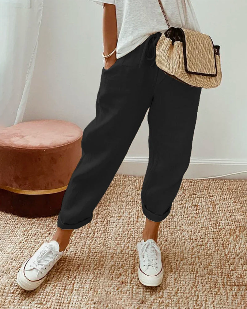 Pantalones fluidos de mezcla de algodón y lino