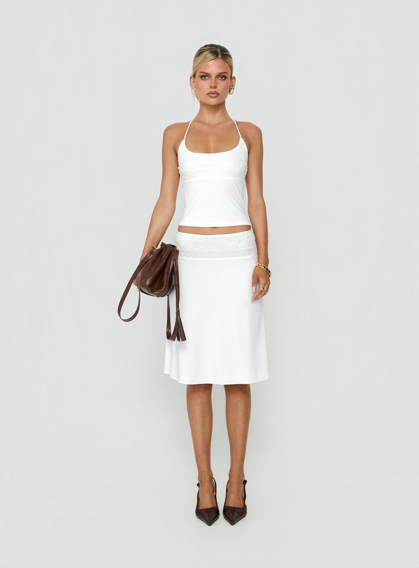 Falda midi con detalles de encaje, color blanco