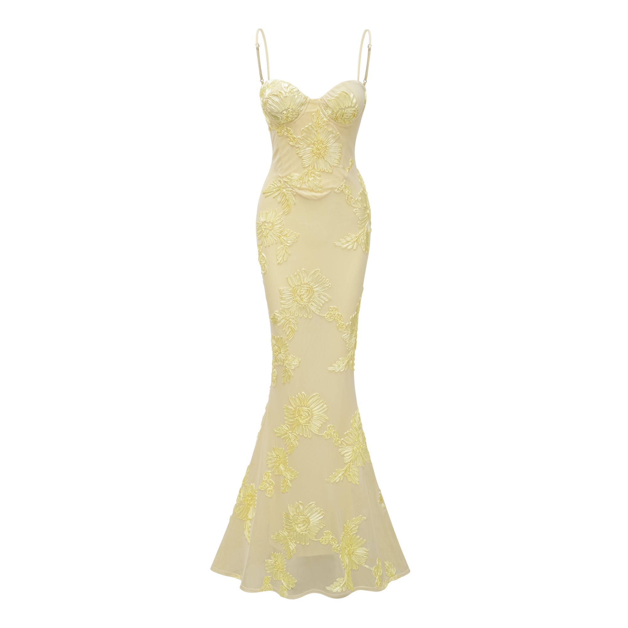 Vestido largo tipo corsé con apliques florales amarillos