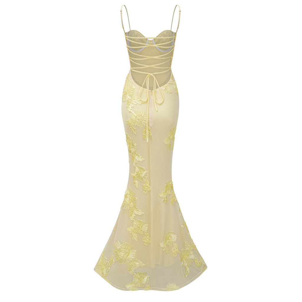 Vestido largo tipo corsé con apliques florales amarillos
