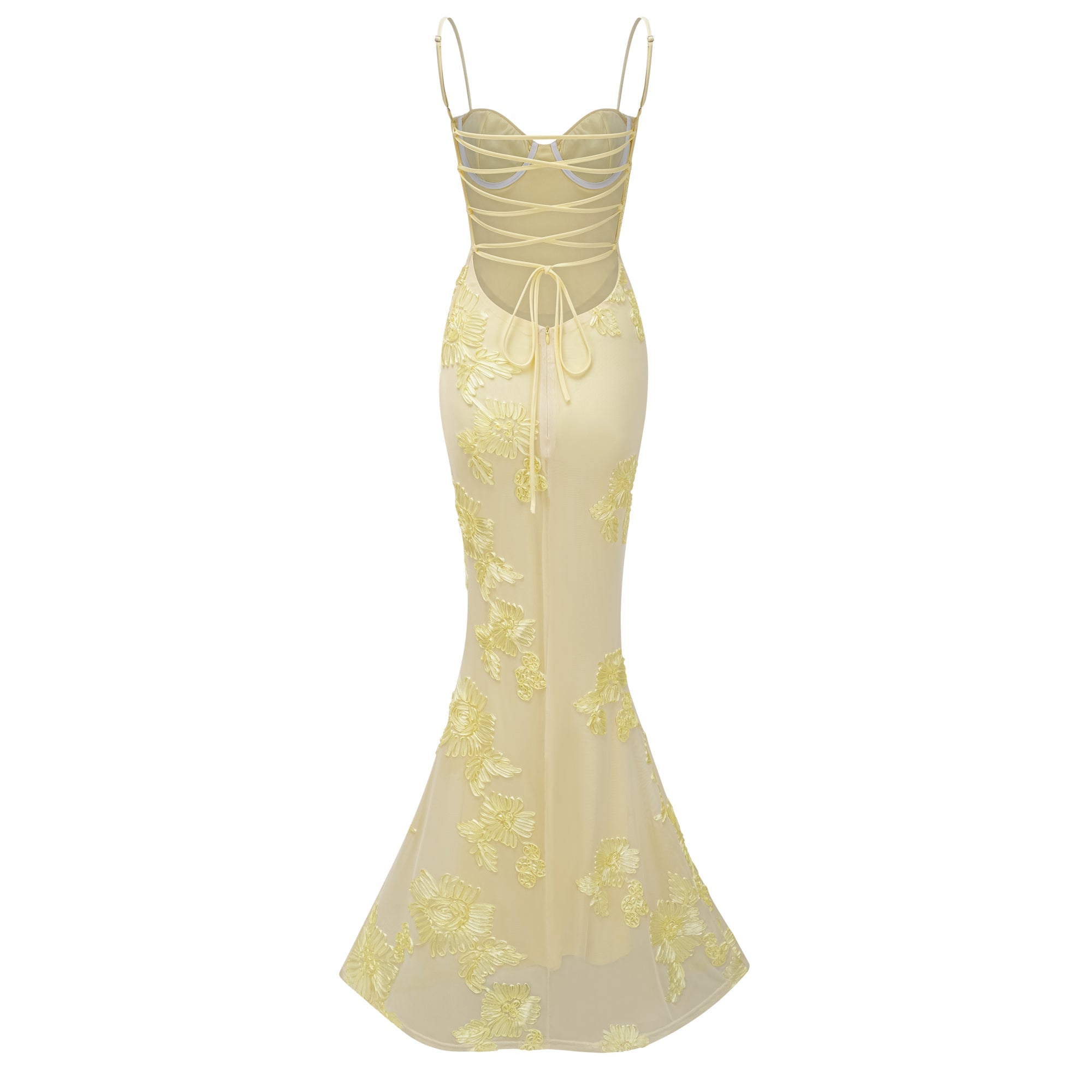 Vestido largo tipo corsé con apliques florales amarillos