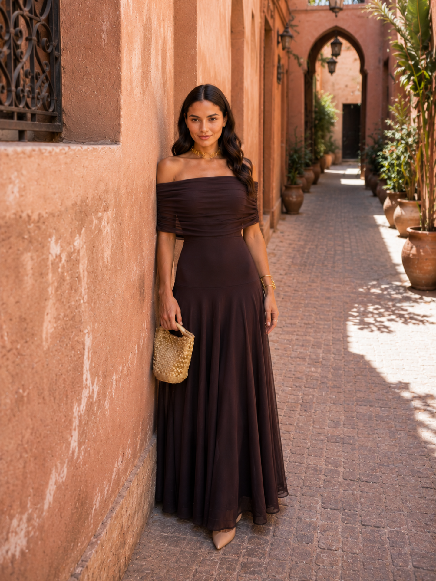 Vestido Largo Asimétrico Marrón