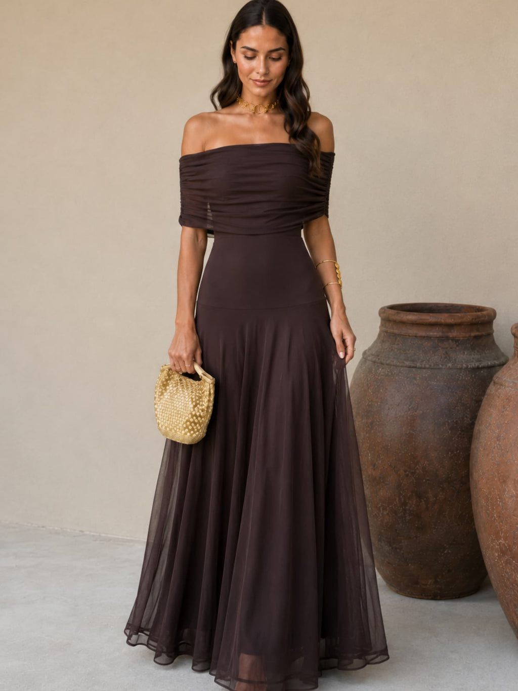 Vestido Largo Asimétrico Marrón