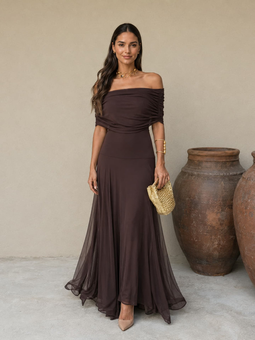 Vestido Largo Asimétrico Marrón