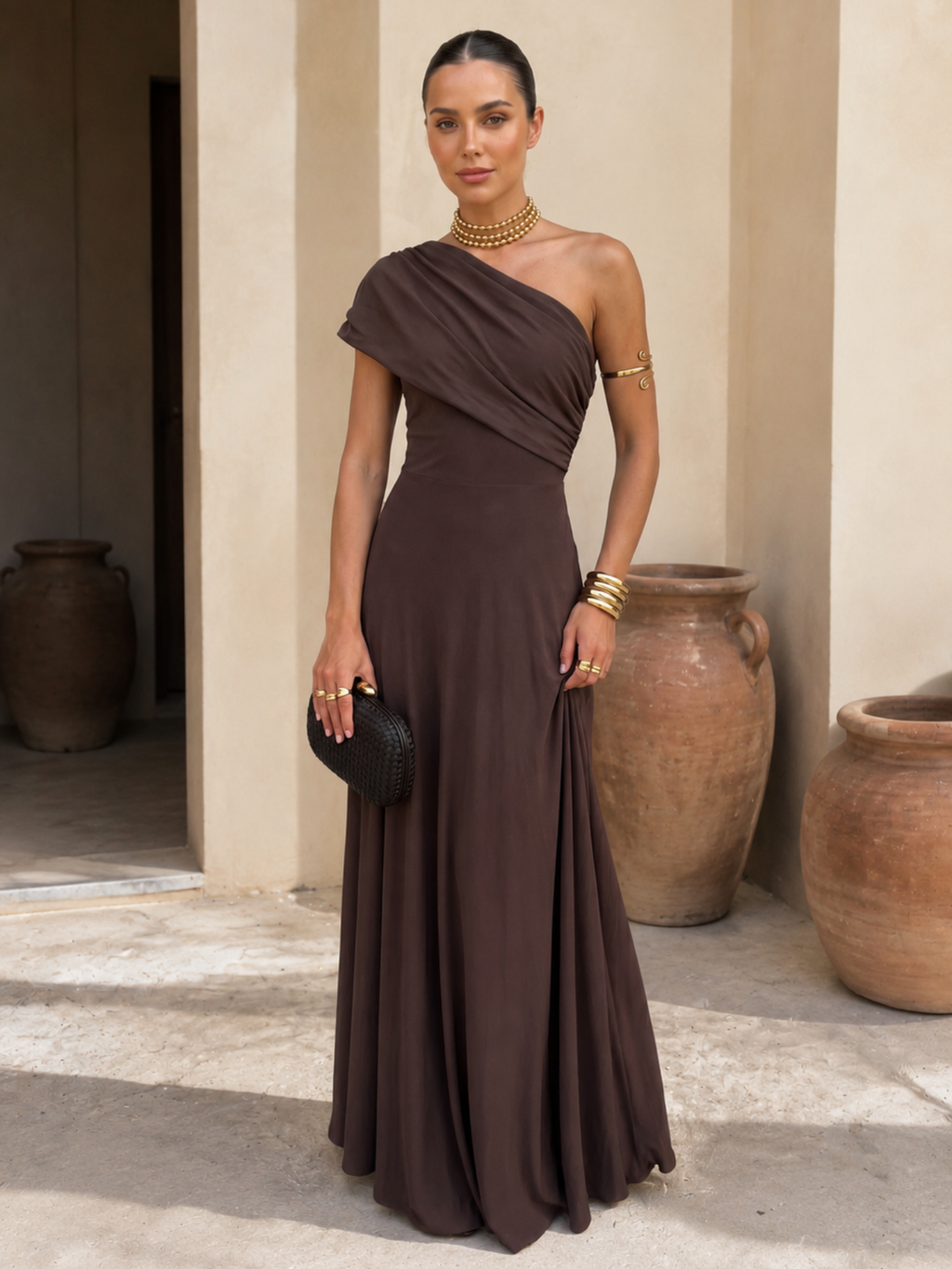 Vestido Largo Asimétrico Marrón