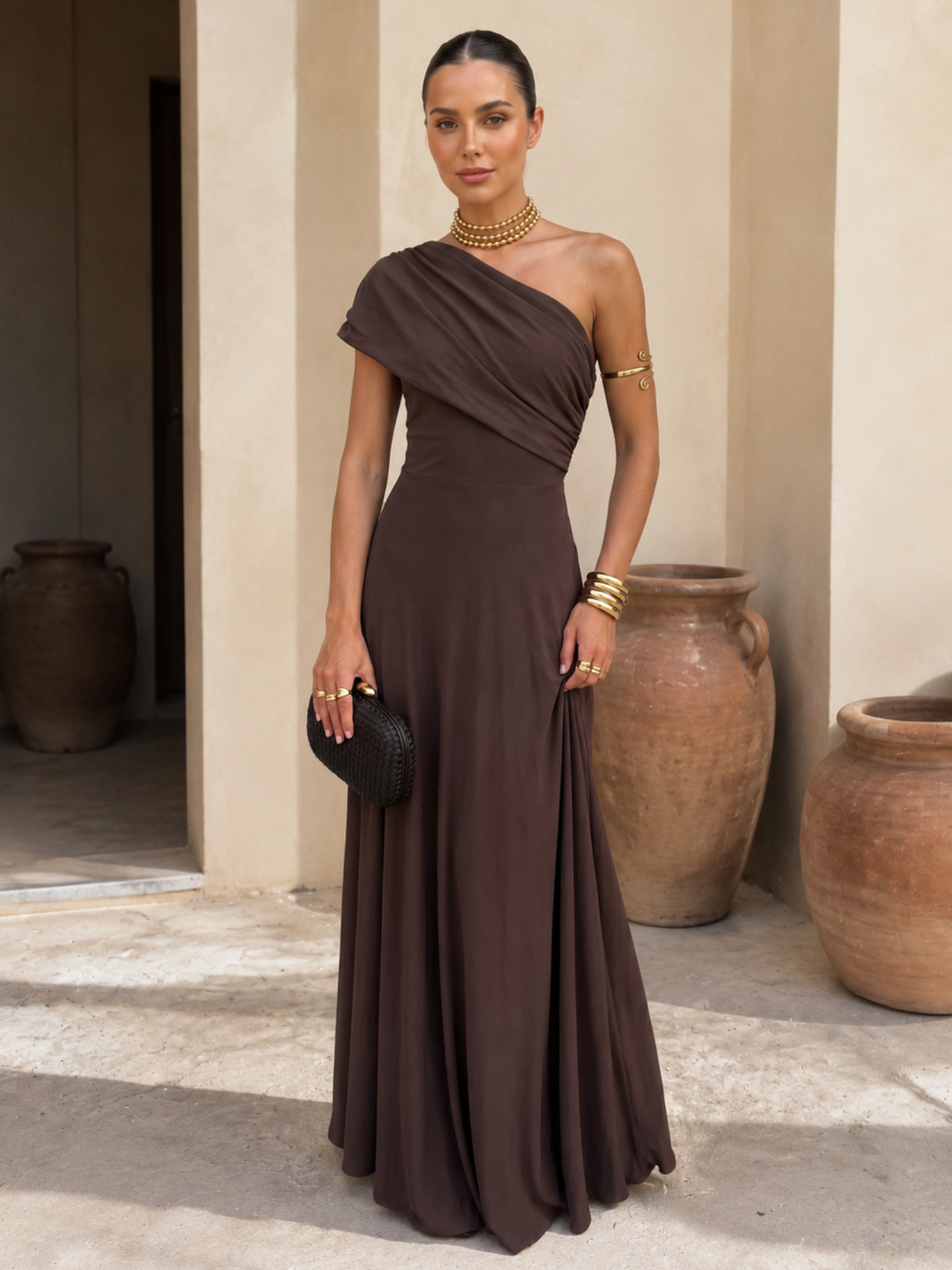 Vestido Largo Asimétrico Marrón