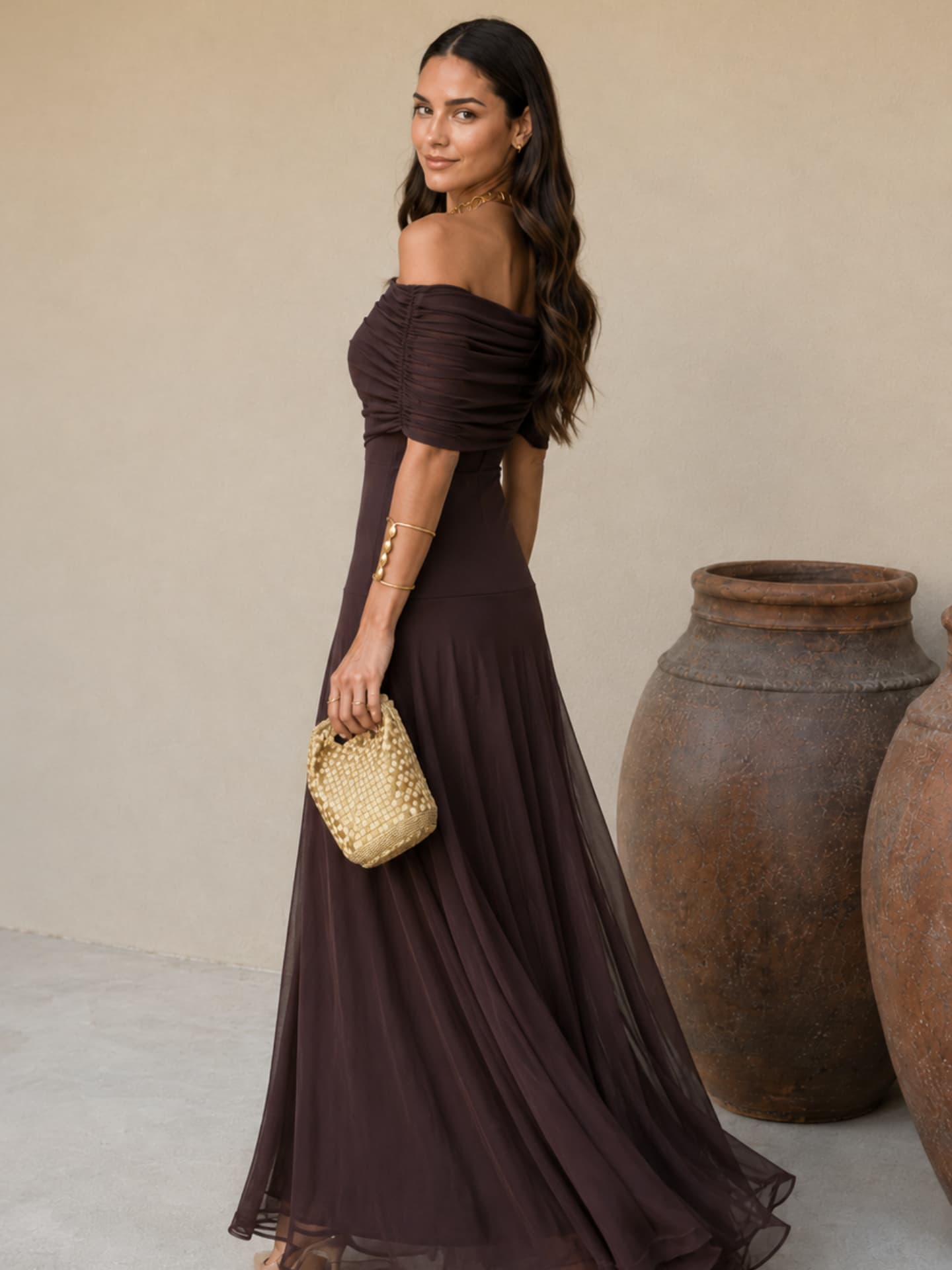 Vestido Largo Asimétrico Marrón