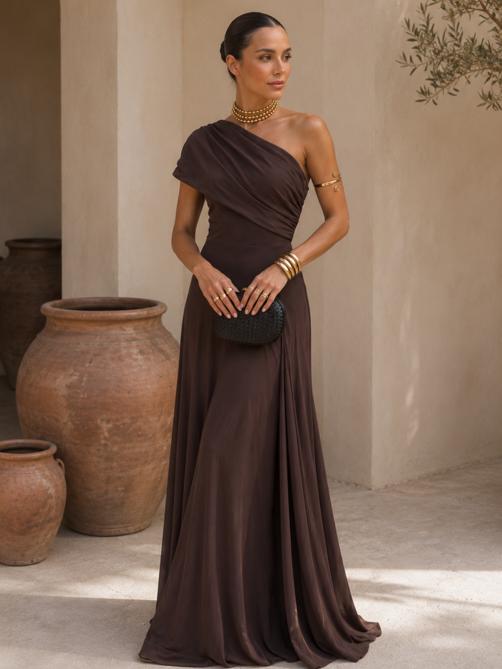 Vestido Largo Asimétrico Marrón