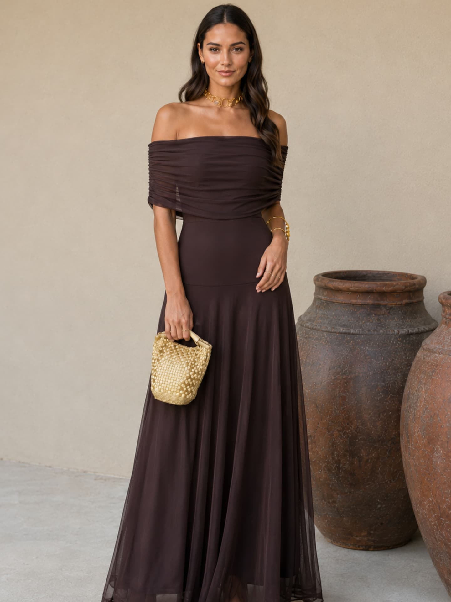 Vestido Largo Asimétrico Marrón