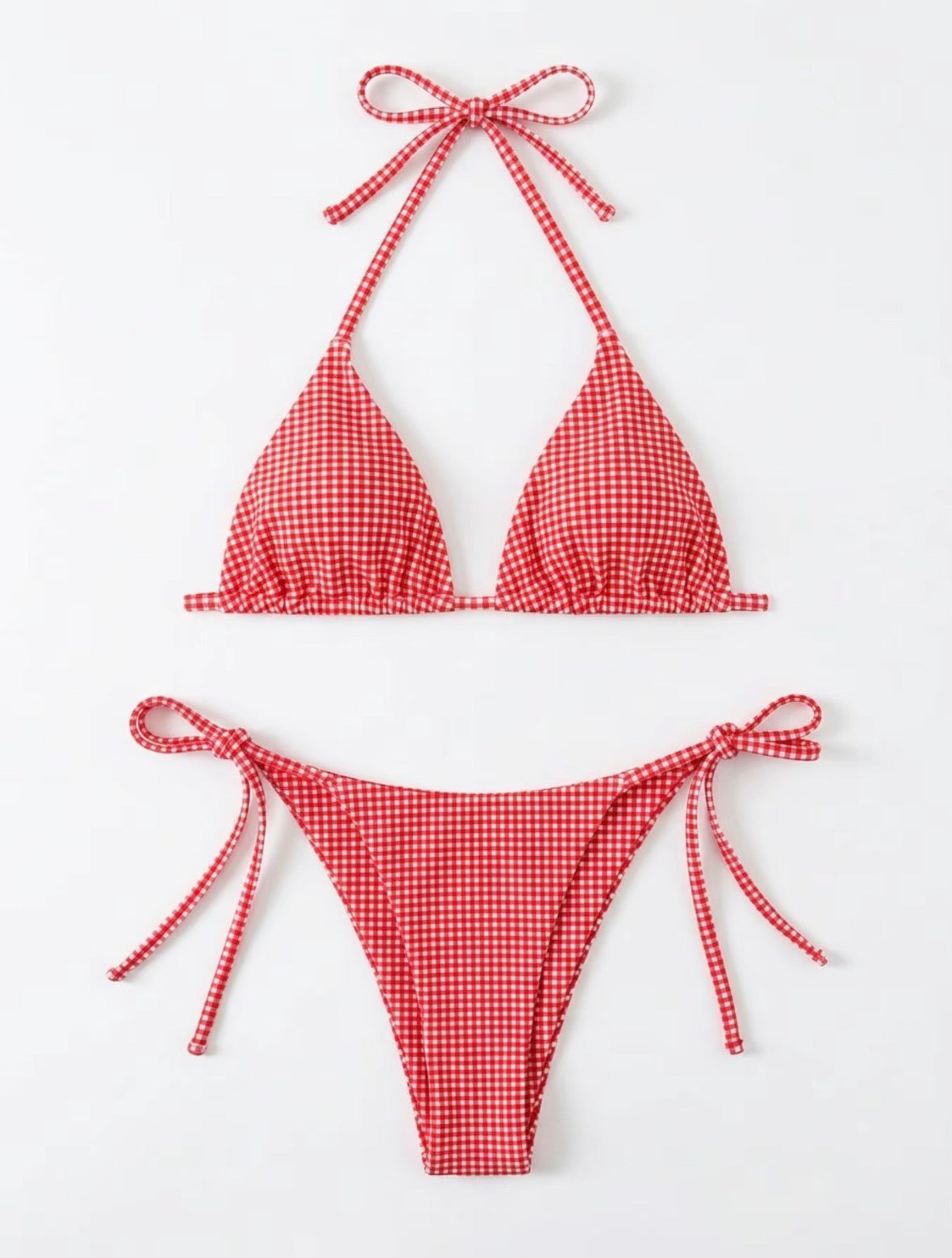 Primavera/Verano 2026: conjunto de bikini de mujer con tirantes finos tipo espagueti, diseño texturizado y estilo dulce; bikini de dos piezas con estampado de cuadros rojos, ideal para vacaciones y días de playa.