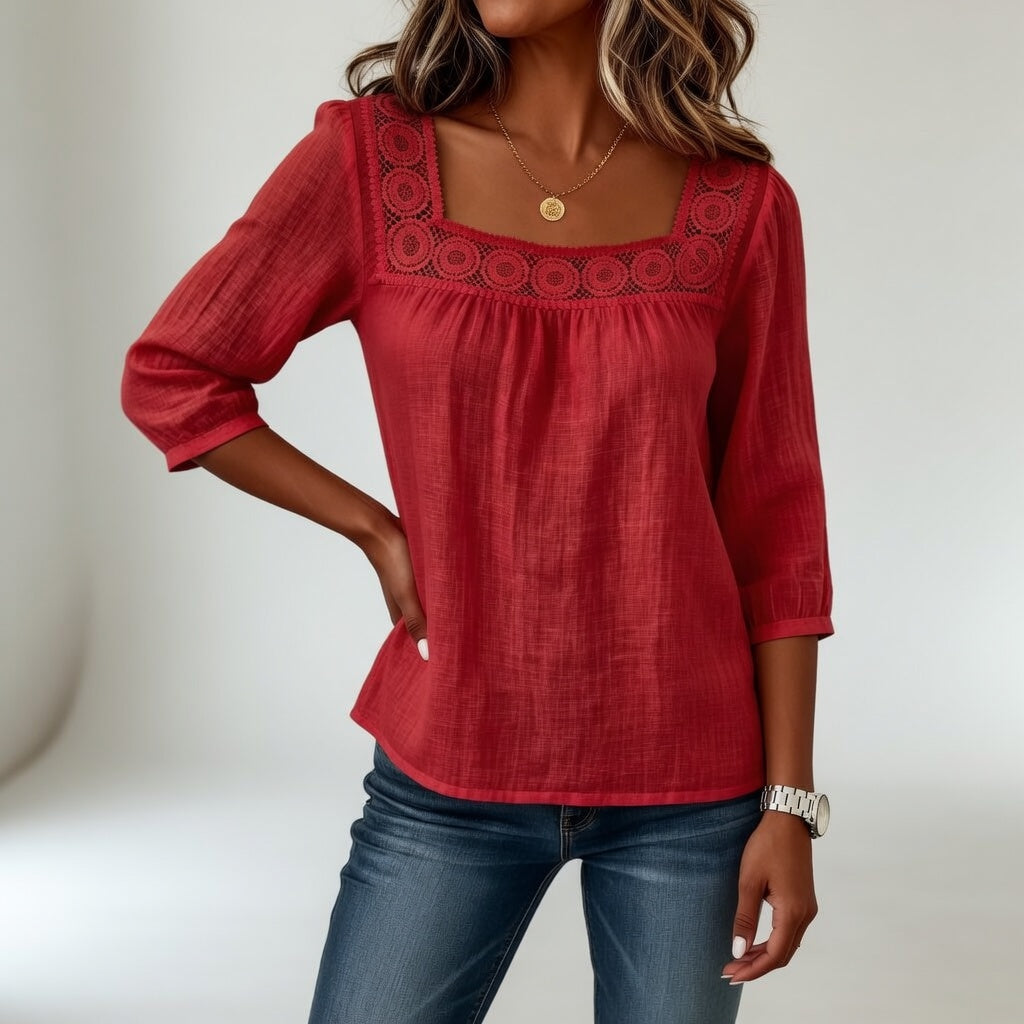 Blusa de encaje con cuello cuadrado, suavidad y feminidad