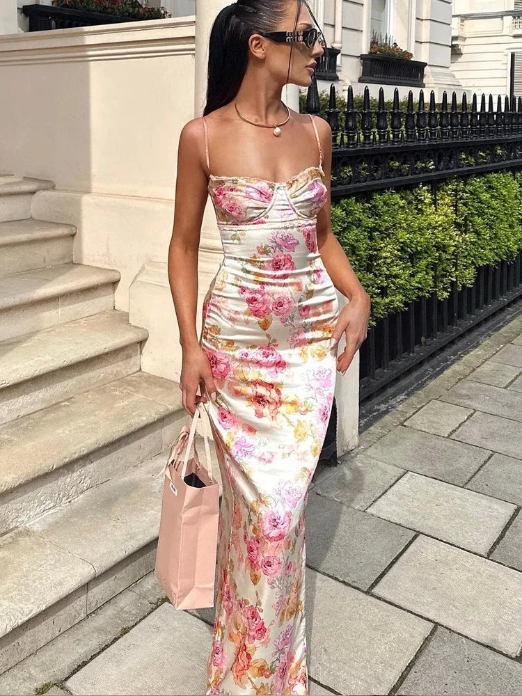 Vestido Maxi de Satén Floral