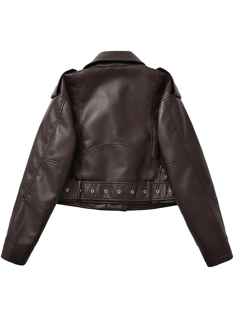 Chaqueta motera vintage de imitación de cuero con cinturón