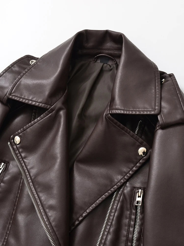Chaqueta motera vintage de imitación de cuero con cinturón