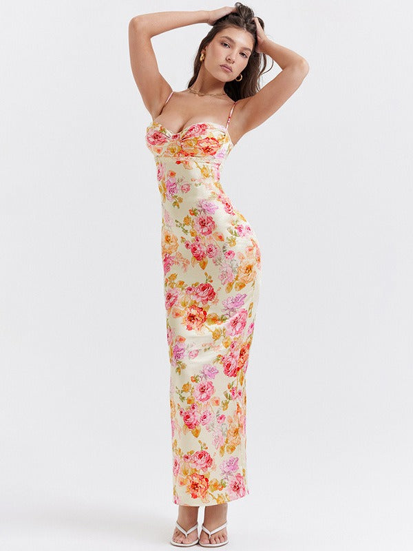 Vestido Maxi de Satén Floral