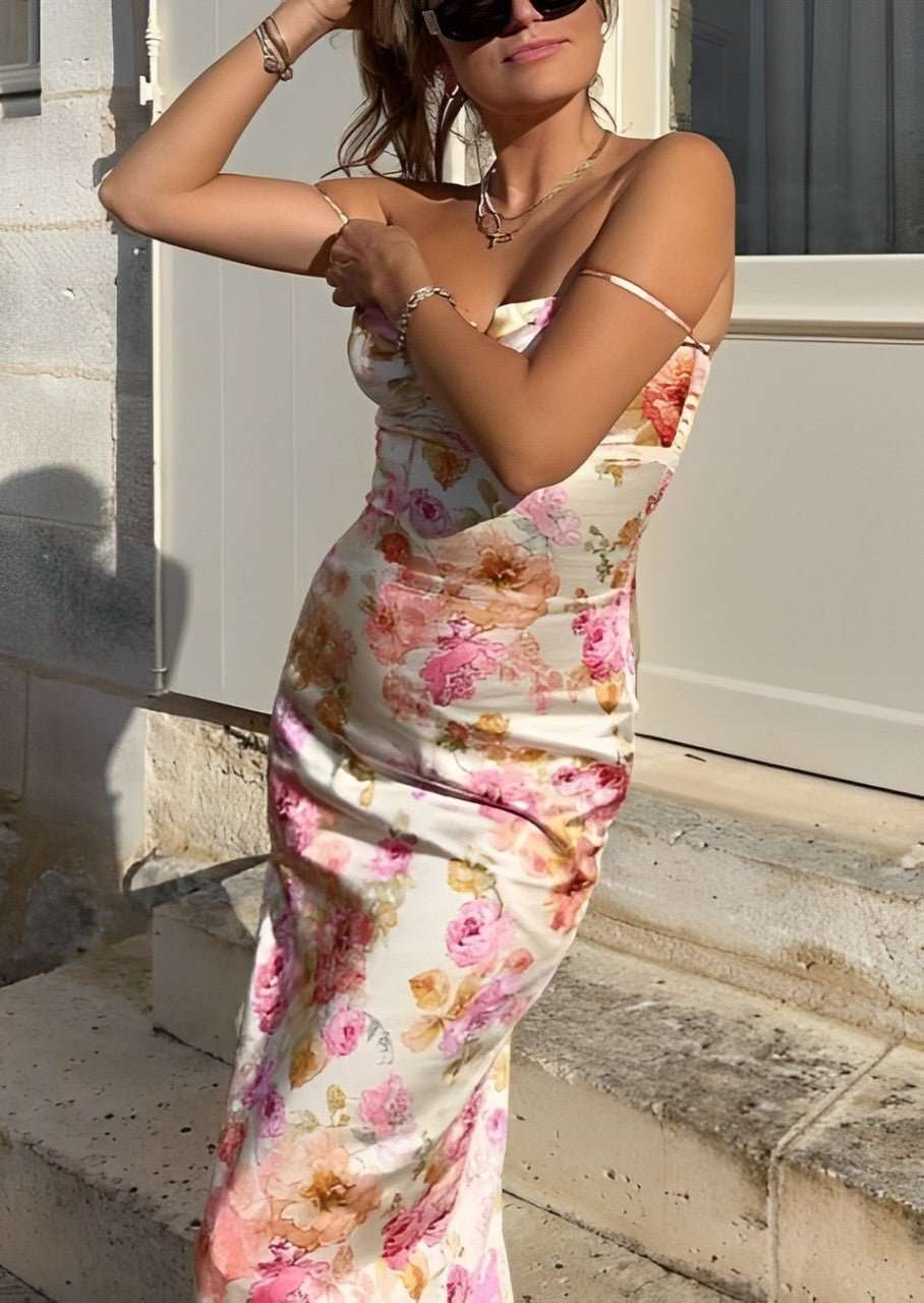 Vestido Maxi de Satén Floral